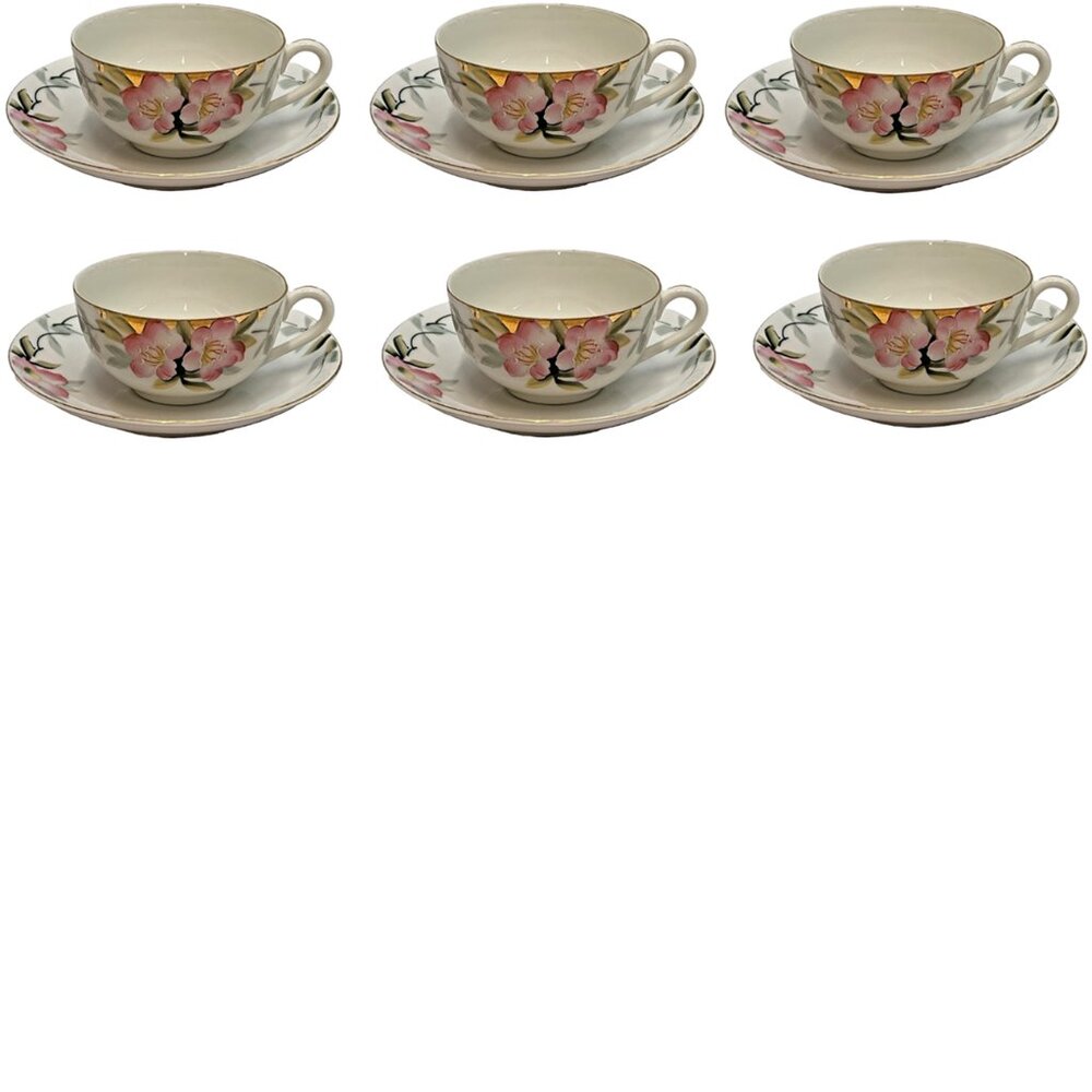 Noritake Azalea Teacup & Saucer 19322 Green Stamp SET OF 6
